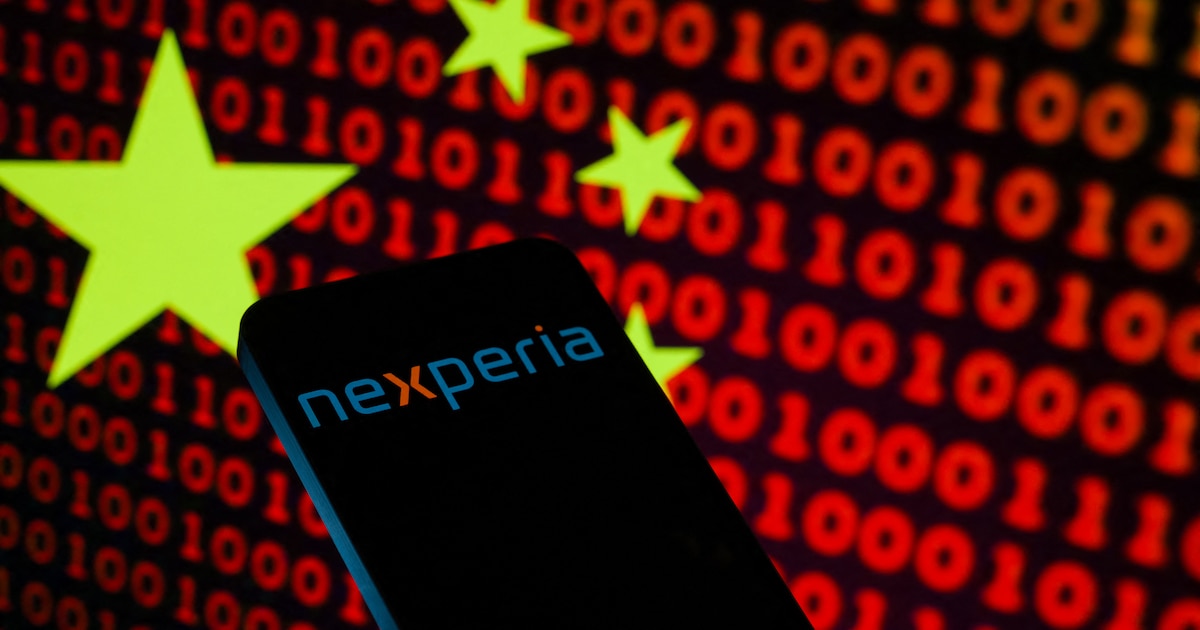 The Nexperia logo is displayed on a mobile phone in this photo illustration in Brussels, Belgium, on October 31, 2025. (Photo by Jonathan Raa/NurPhoto) (Photo by Jonathan Raa / NurPhoto via AFP)