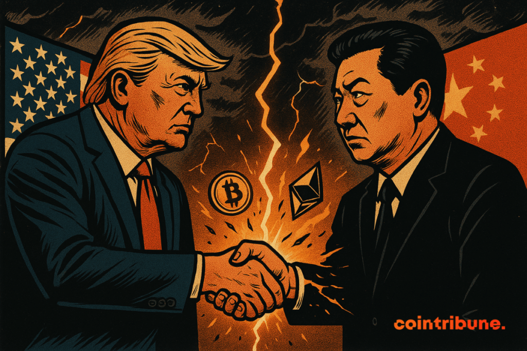 Trump et un dirigeant chinois se serrent la main, fissure lumineuse entre eux, symboles crypto en feu, tension palpable.