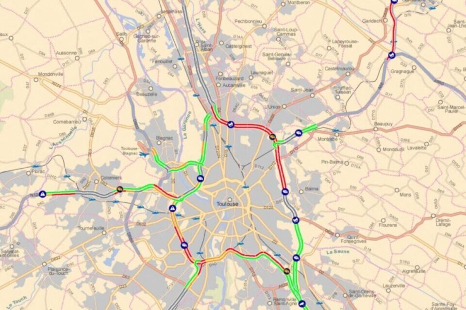 La carte de la congestion toulousaine jeudi 6 novembre 2025.