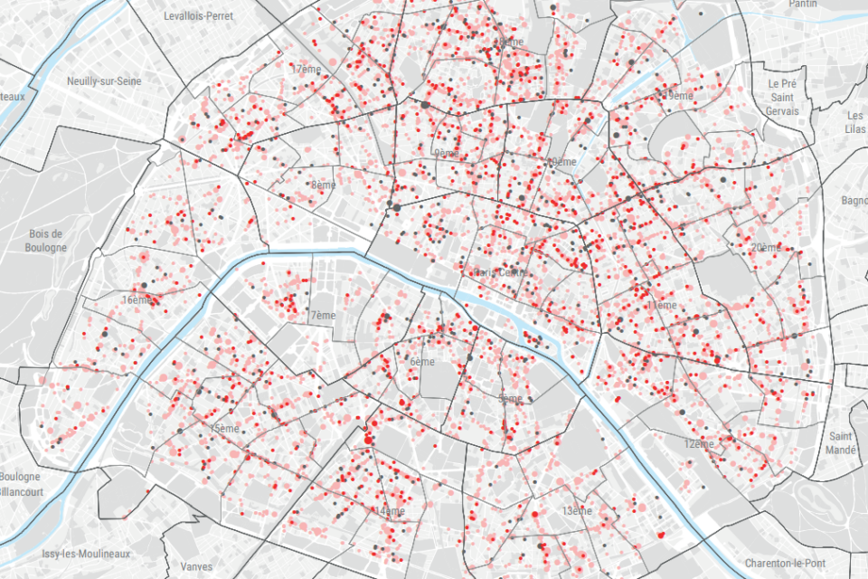 En rouge : la création de commerces alimentaires (1 019)
En rose : le maintien de l'activité (6 999)