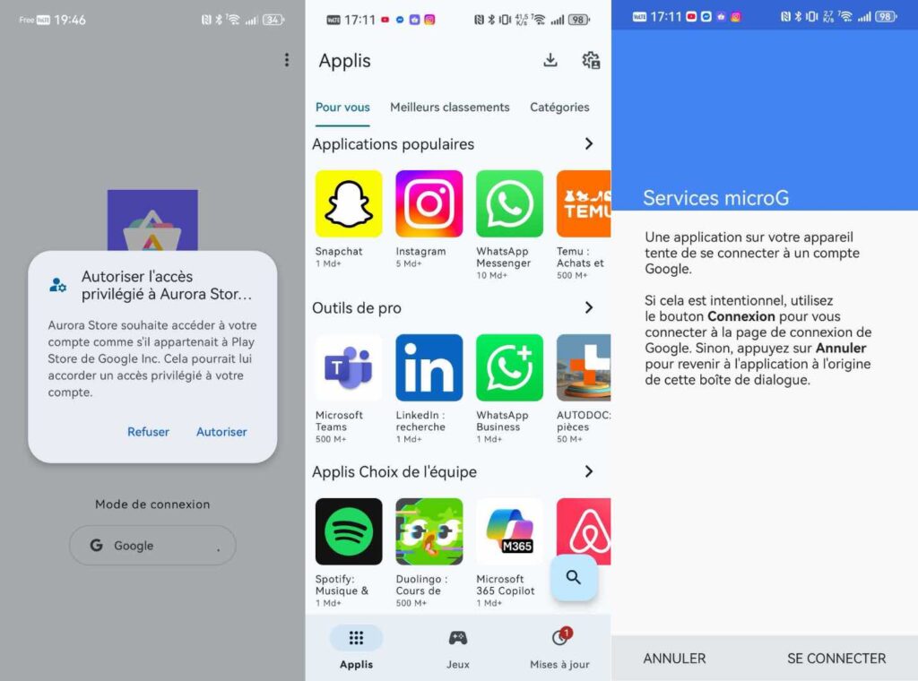 Grâce à l'Aurora Store, un smartphone Huawei se fait passer pour un terminal certifié auprès des serveurs de Google. Votre compte est utilisé, à vos risques et périls.