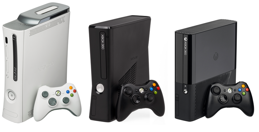 La Xbox 360 et ses deux principales révisions sorties le 18 juin 2010 (Xbox 360 S) et le 10 juin 2013 (Xbox 360 E).