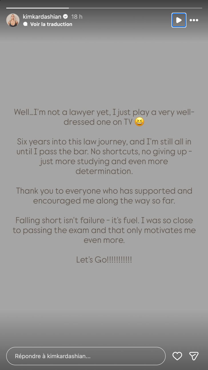 Kim Kardashian a partagé ses résultats de l’examen du barreau de Californie en story sur Instagram le 8 novembre.