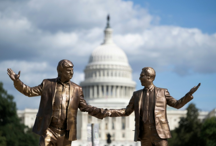 Une statue satirique montrant Donald Trump et Jeffrey Epstein main dans la main, intitulée "Meilleurs amis pour toujours", et installée près du Capitole de Washington, le 2 octobre 2025 ( AFP / ANDREW CABALLERO-REYNOLDS )