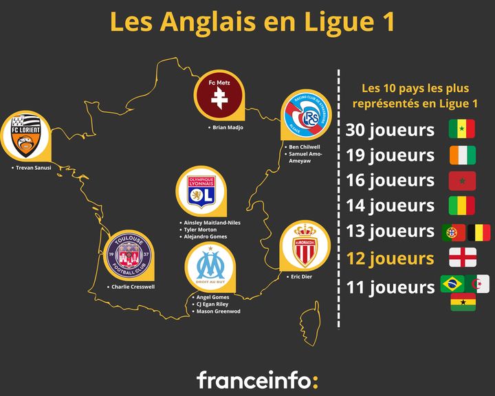 La Ligue 1 compte 12 joueurs anglais, répartis dans six clubs. (franceinfo: sport)