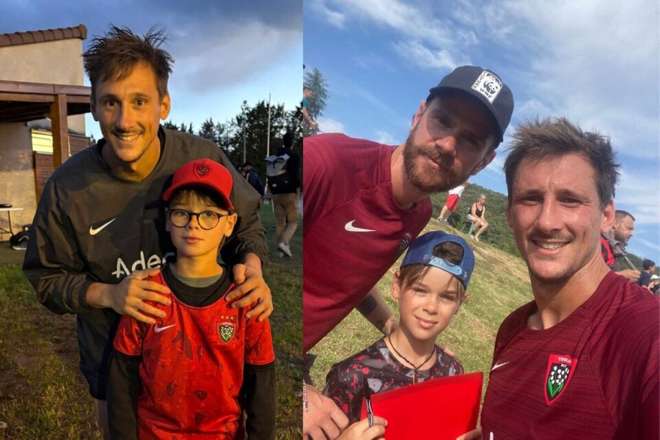 Hugo Greugny et ses deux enfants Marceau et Louize réussissent toujours à trouver une opportunité de croiser Baptiste Serin lors des déplacements du RCT