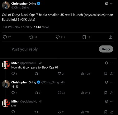 Les ventes de Call of Duty : Black Ops 7 au Royaume-Uni (Source : capture d'écran, compte Christopher Dring X)