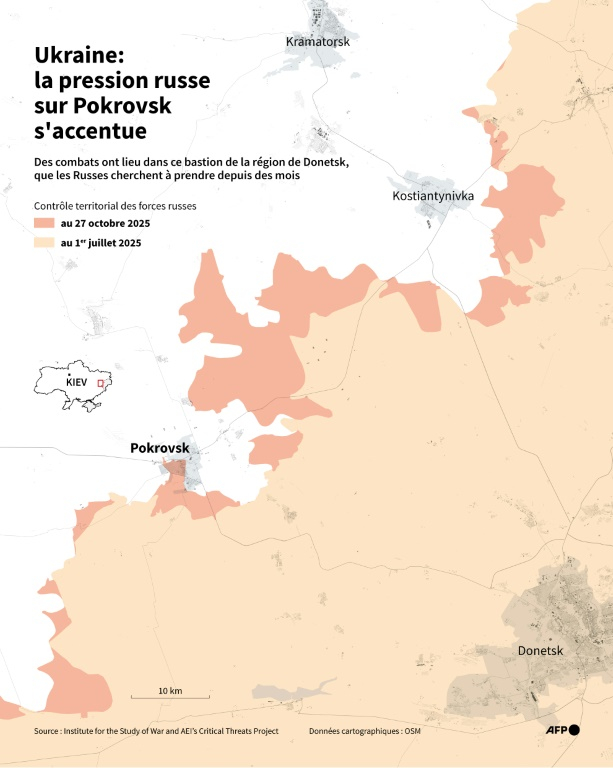 Carte montrant les zones contrôlées par les forces russes autour de l'agglomération de Pokrovsk, un bastion de la région de Donetsk que Moscou cherche à prendre depuis des mois, à partir des données fournies par l'ISW et le Critical Threats Project (CTP) ( AFP / Sylvie HUSSON )