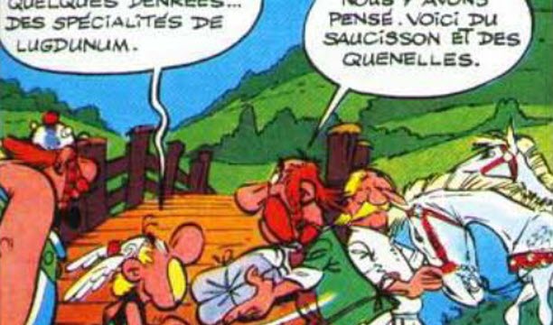 Du saucisson et des quenelles en offrandes.   Capture Astérix Le Tour de Gaule