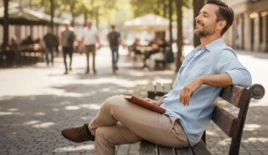 entrepreneur heureux assis sur un banc en extérieur