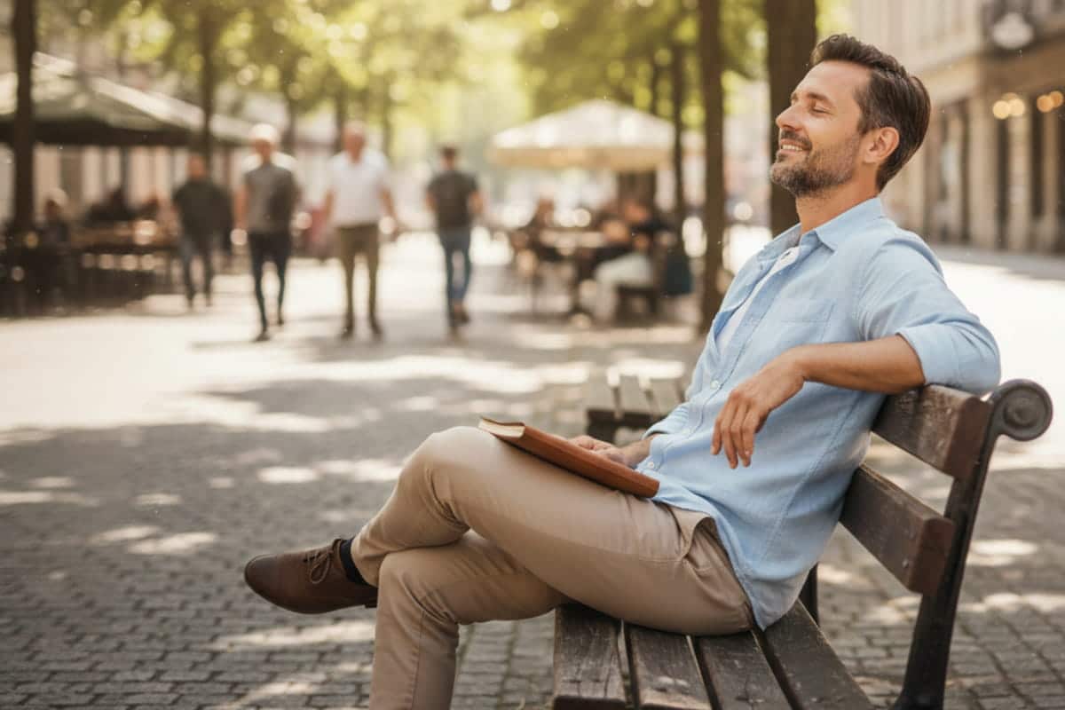entrepreneur heureux assis sur un banc en extérieur