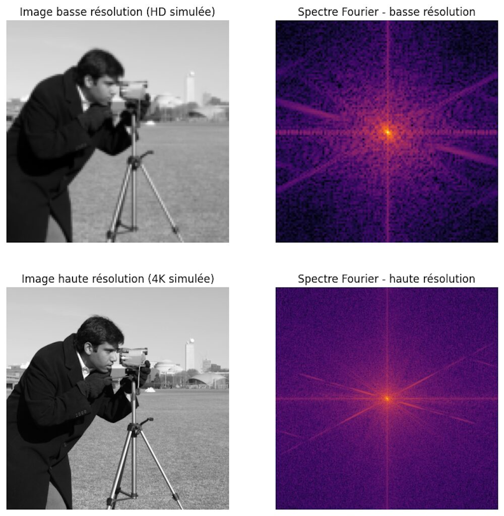 Une image affichée avec deux résolutions différentes, et les transformées de Fourier correspondantes. USC-SIPI Image Database pour la photo // Source : Saad Benjelloun