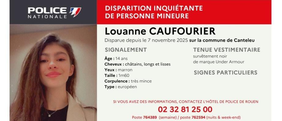 La police nationale de Seine-Maritime lance un appel à témoins après la disparition jugée inquiétante d'une adolescente de 14 ans - Elle aurait été aperçue à Rouen