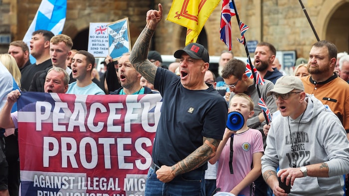 Un groupe de manifestants brandit des pancartes et des drapeaux.