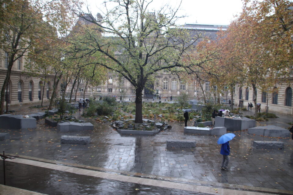Le jardin vu de l'entrée de l'église Saint-Gervais, avec son grand orme de paix. 