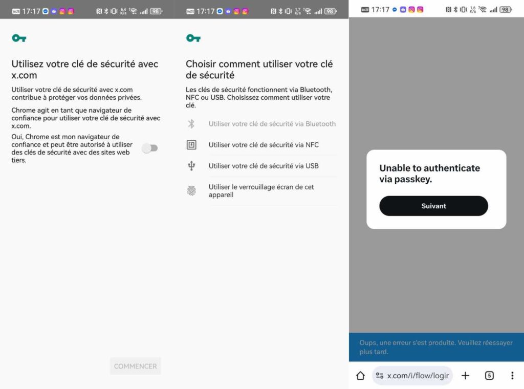 Un drame en trois actes : dès qu'un passkey est sollicité, Huawei affiche ces menus qui manquent de clarté et ne gèrent pas l'authentification avec un autre appareil. Le résultat est systématiquement un échec.