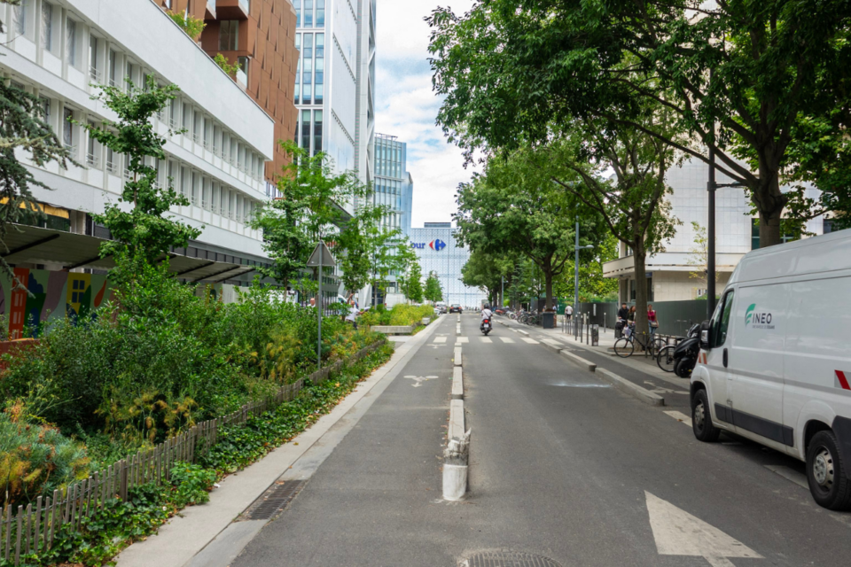 Au prix d'une voie de circulation et de stationnements supprimés, la rue des Cuirassiers s'est vue doté de deux pistes cyclables et d'une bande végétale de 600 m².