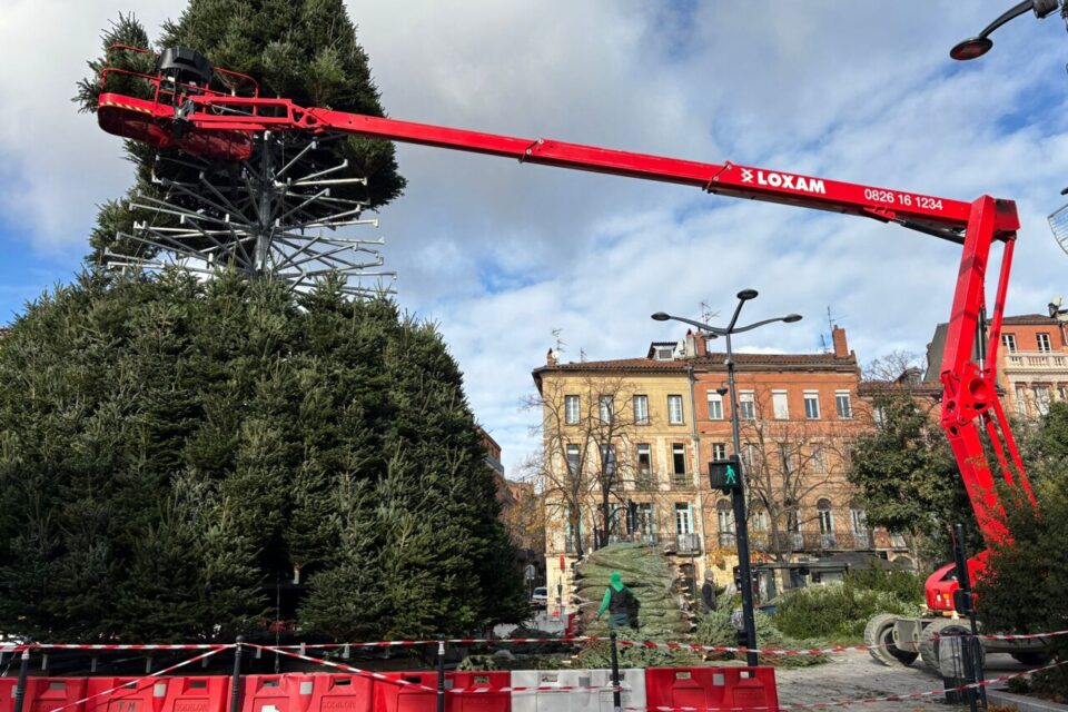Le sapin de Noël des ramblas en cours de montage, à Toulouse. 