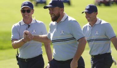 Captain Luke Donald, Shane Lowry, and Rory McIlroy of Team Europe Photo by Darren Carroll/PGA of America