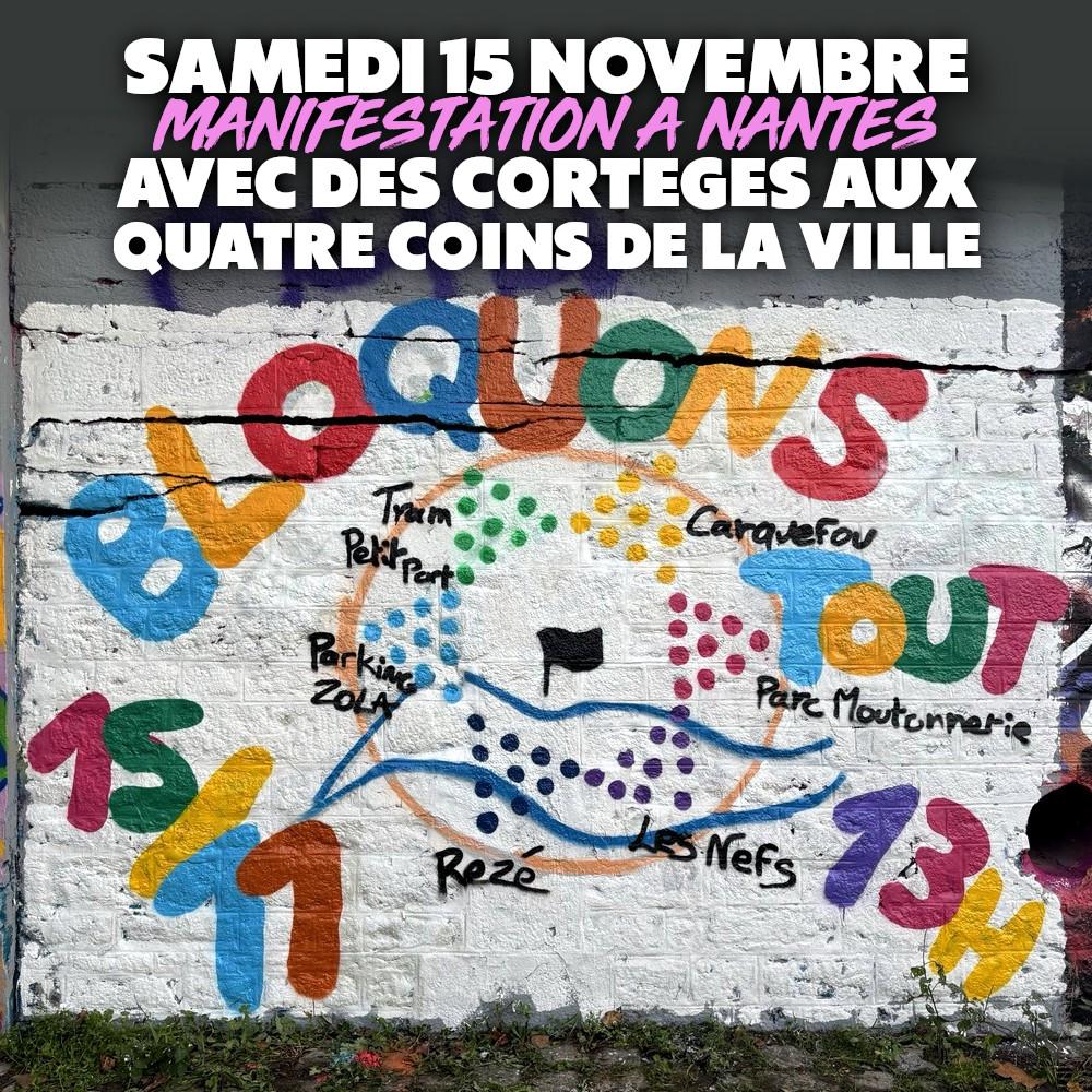 Une fresque représente les 4 points de rendez-vous de "Bloquons tout" le 15 novembre prochain à Nantes.