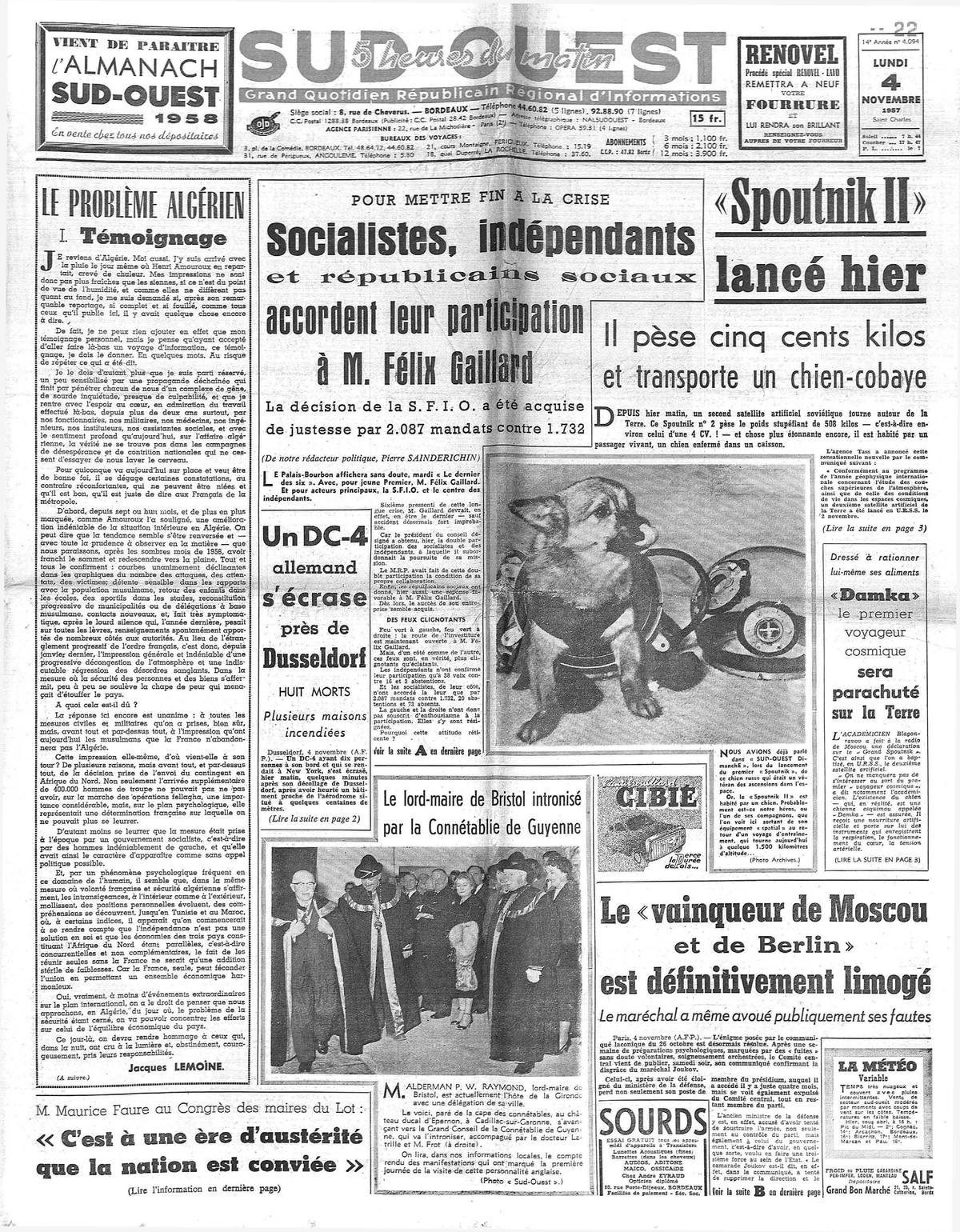 En 1957, les Soviétiques lancent dans l’espace la petite chienne Laïka à bord de Spoutnik II.