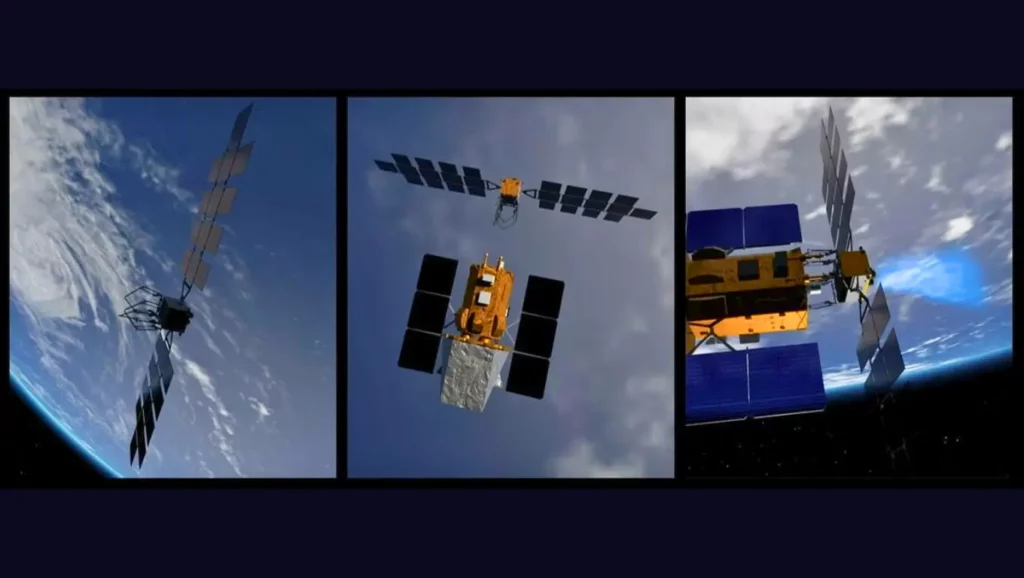 Images du télescope spatial Swift en orbite montrant ses panneaux solaires et ses manœuvres autour de la Terre.