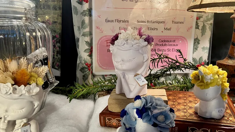 Têtes à fleurs séchées de "mon monde décoratif" crées à Authevernes (Eure).