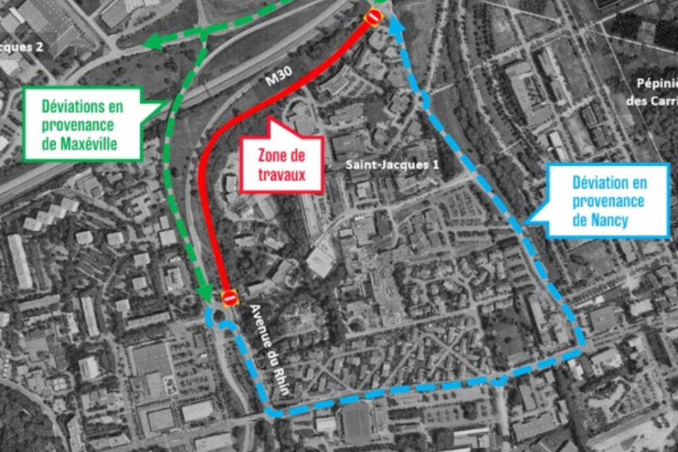 Deux déviations seront mises en place en raison des travaux menés avenue du Rhin. L'une en provenance de Maxéville, la seconde en provenance de Nancy.