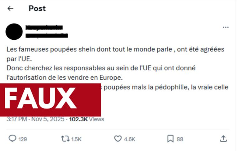 Cet internaute affirme à tort que les poupées sexuelles commercialisées sur Shein avaient été "agréées par l'UE", le 5 novembre 2025 - Capture d'écran