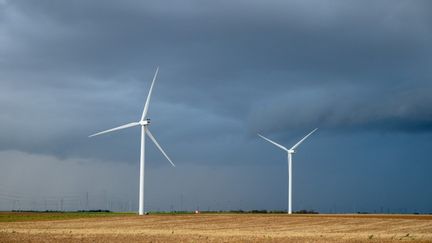 Des éoliennes à Beauvilliers (Eure-et-Loir), le 25 octobre 2025. (FREDERIC MOREAU / HANS LUCAS / AFP)