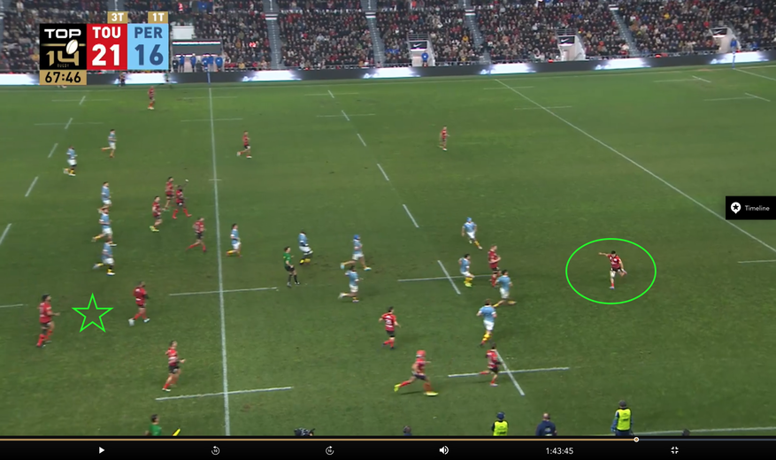 Comme souvent dans cette rencontre, Albornoz a brillé par sa lecture du jeu. Ici, il place sa chandelle dans une zone dégarnie (capture d’écran LNR).
