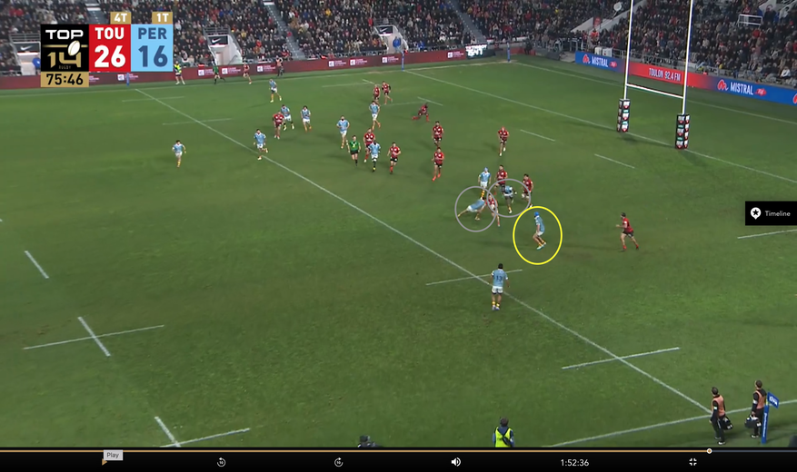 Le choix d’Albornoz est payant : il échappe à Yato et Forner (cercle gris), Velarte (cercle jaune) ne peut se livrer face au surnombre. En l’espace de quatre secondes, l’Argentin a fait la différence (capture d’écran LNR).