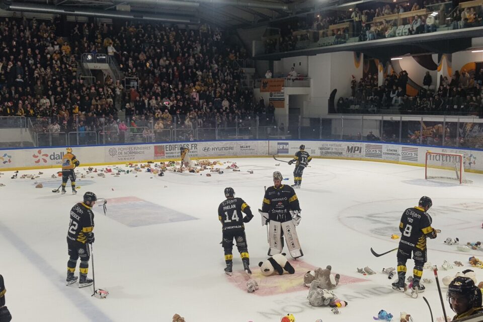 Des centaines de peluches ont été lancées sur la glace, au profit du secours populaire, après le premier rouennais.