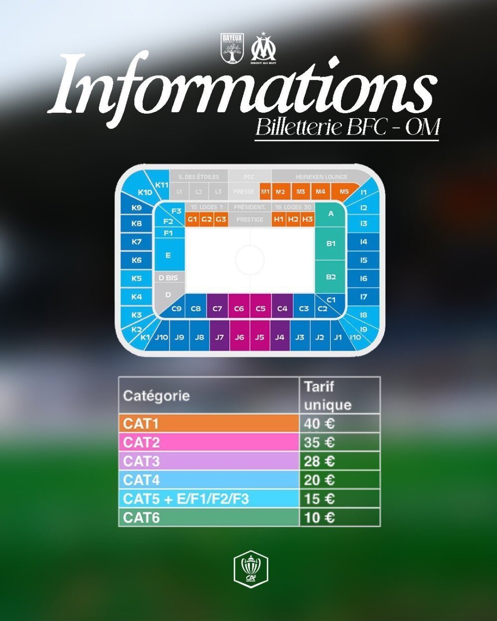 Voici les prix des places pour le match Bayeux FC - Olympique de Marseille, selon catégorie.