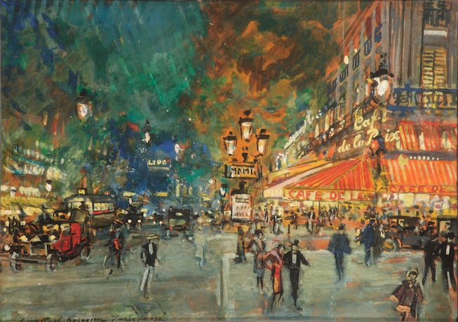 « Place de l'Opéra avec le Café de la Paix la nuit, Paris » (1930), huile sur carton de Konstantin Alekseevich Korovin (1861-1939).