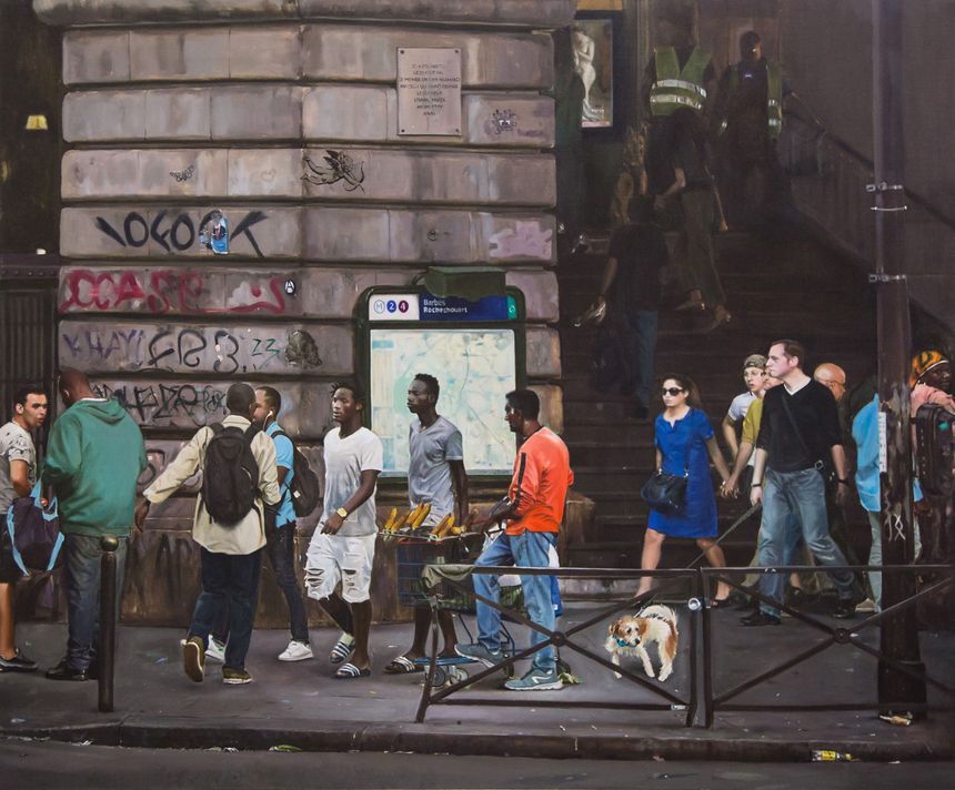 Bilal Hamdad, Rive droite, 2021.  Huile sur toile, 200 × 240 cm.  Musée national de l’histoire de l’immigration.