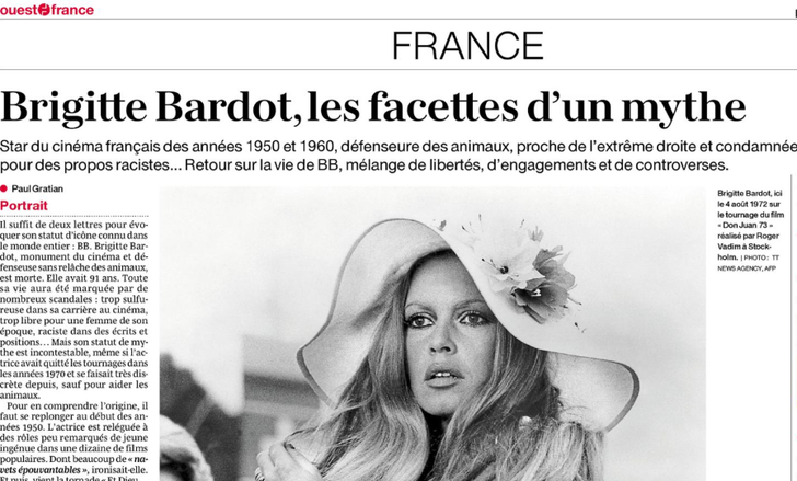 L’article paru dans l’édition du 29 décembre de « Ouest-France », au lendemain de la mort de Brigitte Bardot.