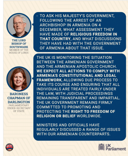 Le Royaume-Uni suit de près la situation entre le gouvernement arménien et l'Église