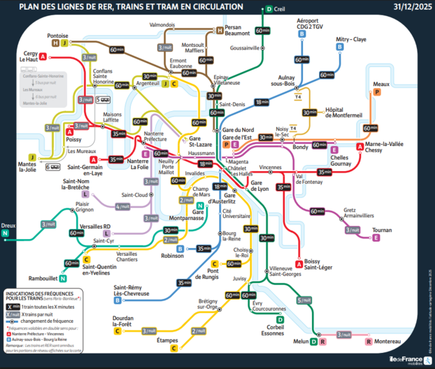 Le plan des lignes de RER, Trains et Tram en circulation le 31 décembre 2025 à Paris. Capture d'écran / IDFM