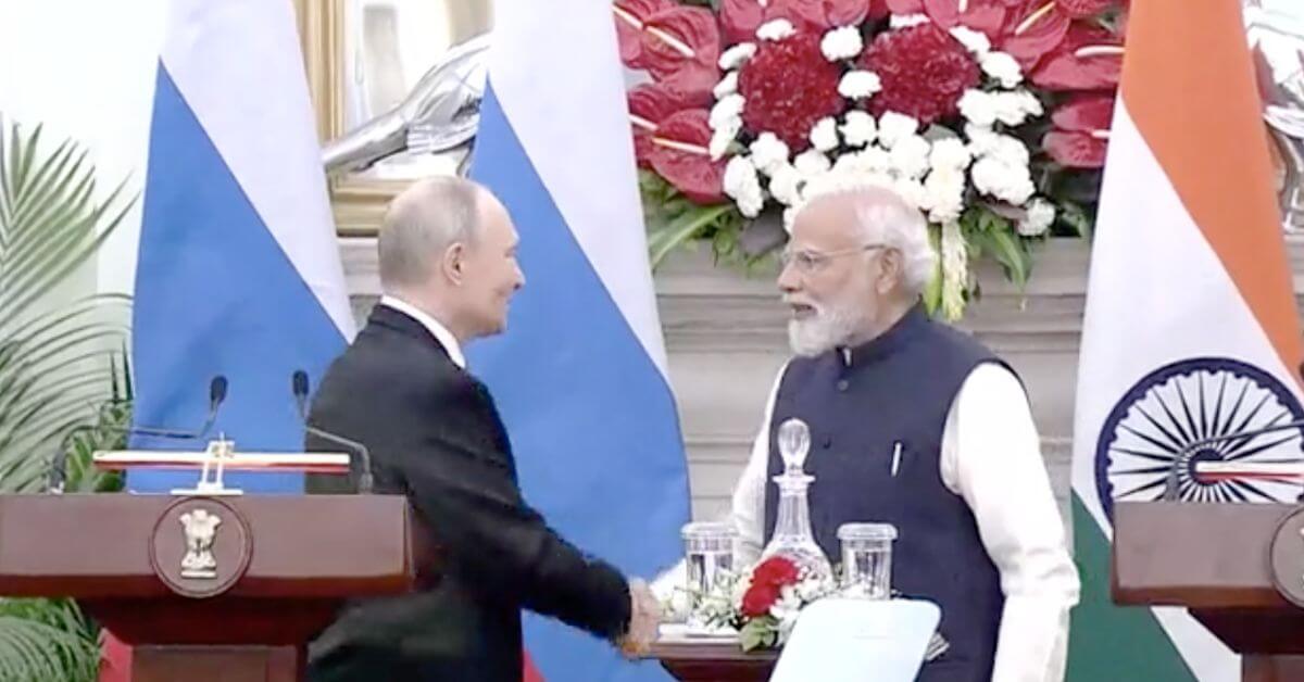 Rencontre officielle à New Delhi entre le président russe Vladimir Poutine et le Premier ministre indien Narendra Modi, illustrant le rapprochement stratégique entre l’Inde et la Russie.