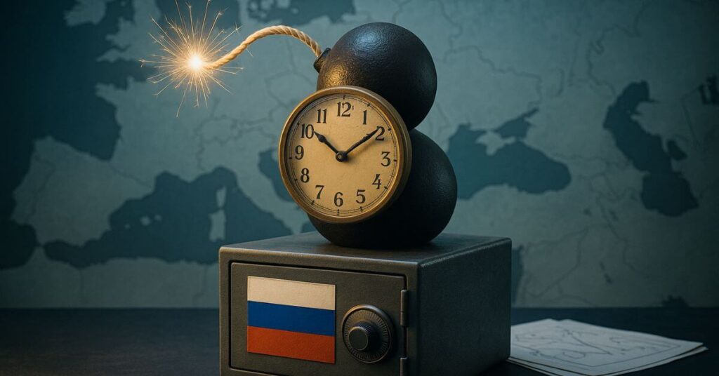 Illustration d’une bombe à retardement posée sur un coffre-fort aux couleurs de la Russie, symbolisant le risque géopolitique et financier lié à la confiscation des avoirs russes en Europe.