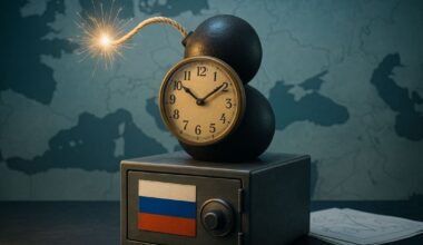 Illustration d’une bombe à retardement posée sur un coffre-fort aux couleurs de la Russie, symbolisant le risque géopolitique et financier lié à la confiscation des avoirs russes en Europe.