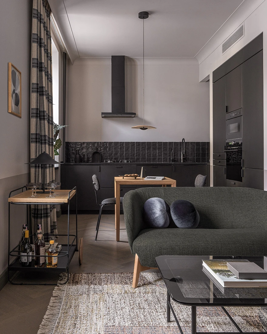 cuisine ouverte et salon deux-pièces 49m2 décoration contemporaine noire et kaki