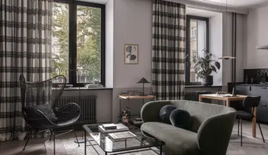 salon deux-pièces 49m2 décoration contemporaine noire et kaki