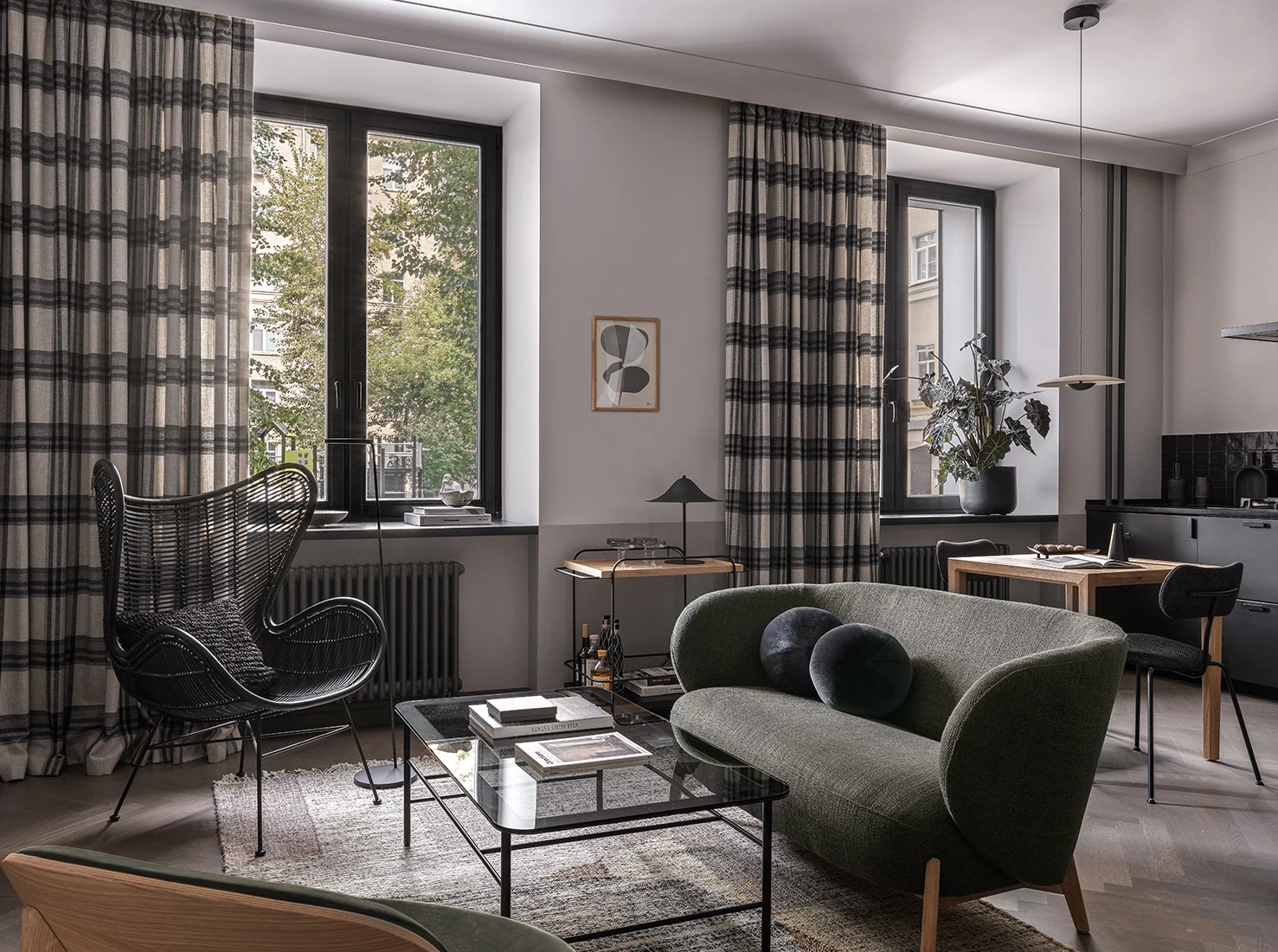 salon deux-pièces 49m2 décoration contemporaine noire et kaki