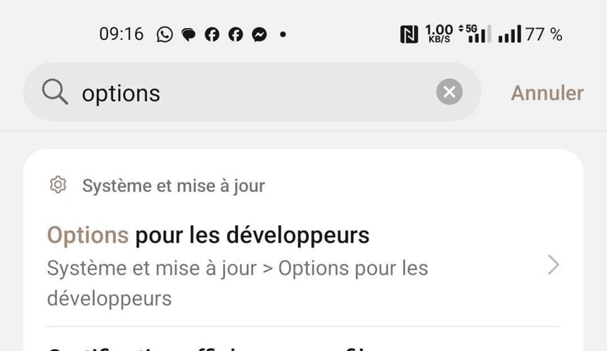 Opntion Developpeurs Android