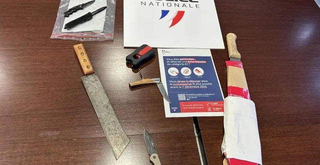 photo plus de 700 armes ont été saisies en 2025 par les forces de police en loire-atlantique. les détenteurs de tels couteaux ou machette peuvent les ramener en commissariat ou en brigade de gendarmerie. © ouest france