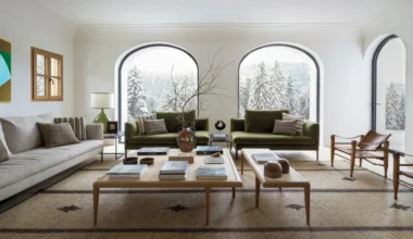 salon décoration contemporaine avec baies vitrées cintrées vue montagne