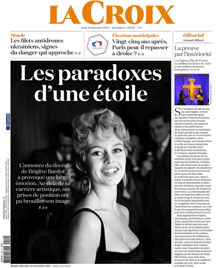 La Une de l’édition du 29 décembre 2025 de « La Croix », au lendemain de la mort de Brigitte Bardot.