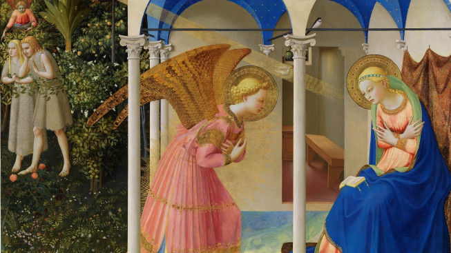 Fra Angelico, L'Annonciation et Adam et Eve chassés du Paradis, v. 1425-1426, tempera et or sur bois, 190,3 x 191,5 cm © Musée National du Prado, Madrid.
